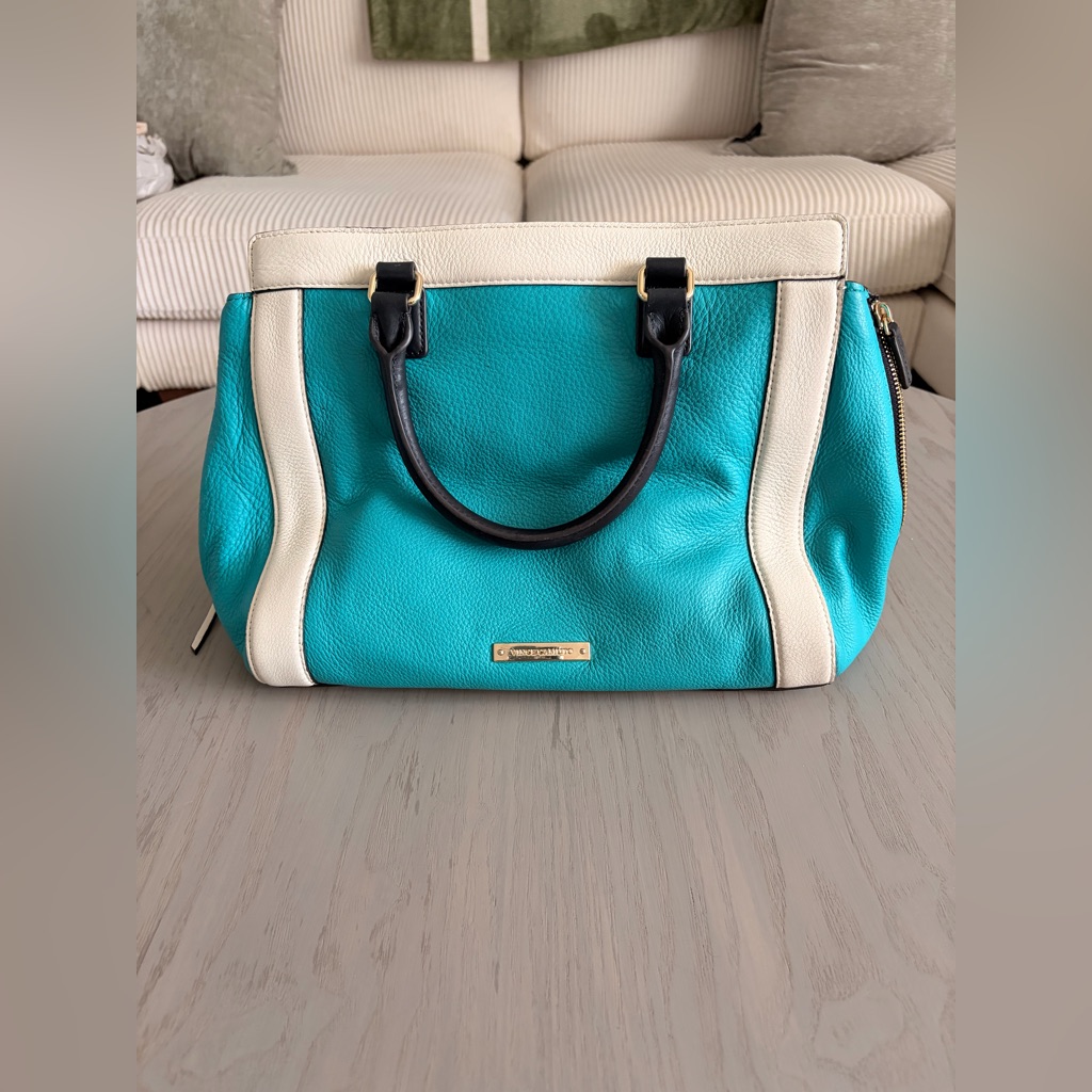 Vince Camuto Satchel Handbag Leather W Top Handle Turquoise/White (N88)